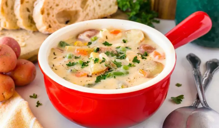 A delicious comfy bowl of chicken and potato soup.