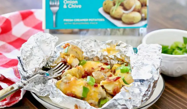 A foil pack dinner with cheese and veggies and Little Potatoes.