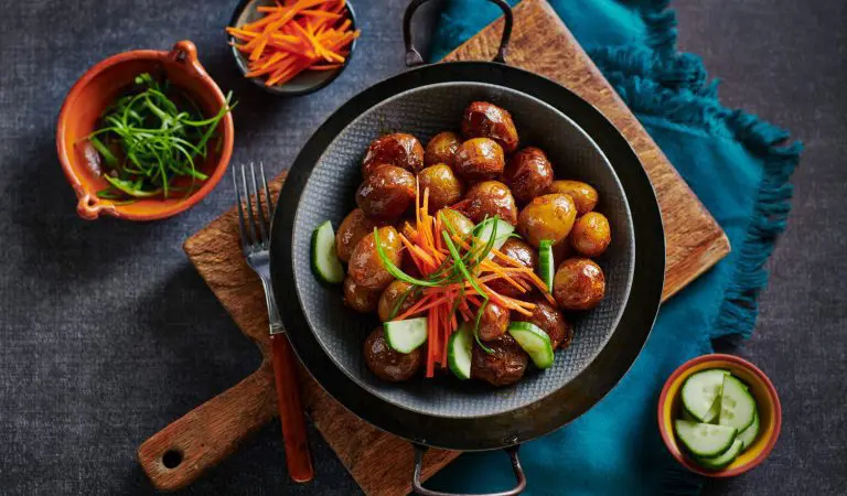 Delicious Little Potatoes made in the Air Fryer with a sweet and spicy sauce.