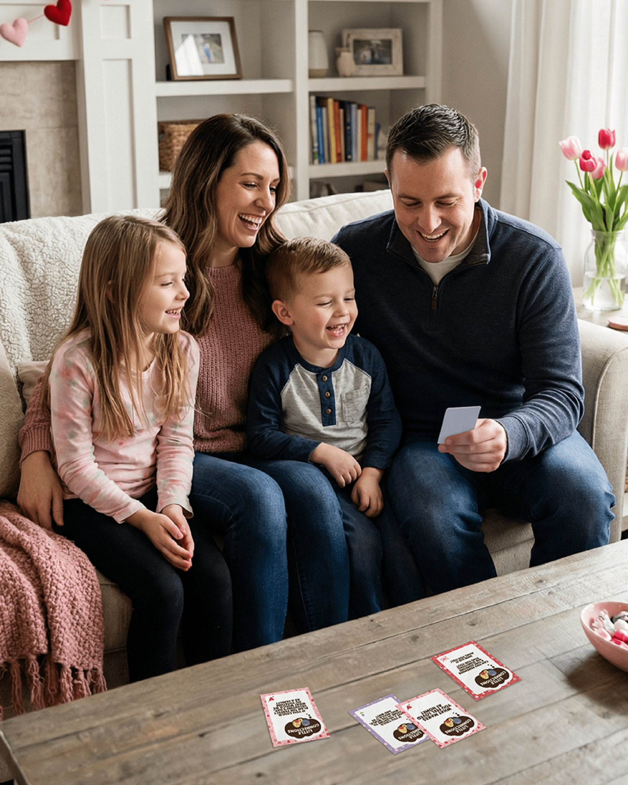 A family sits on a couch together with card prompts from The Little Potato Company.