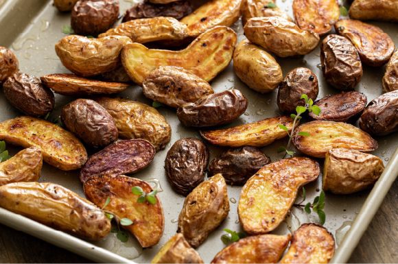 A roasting tray of fingerling fries.