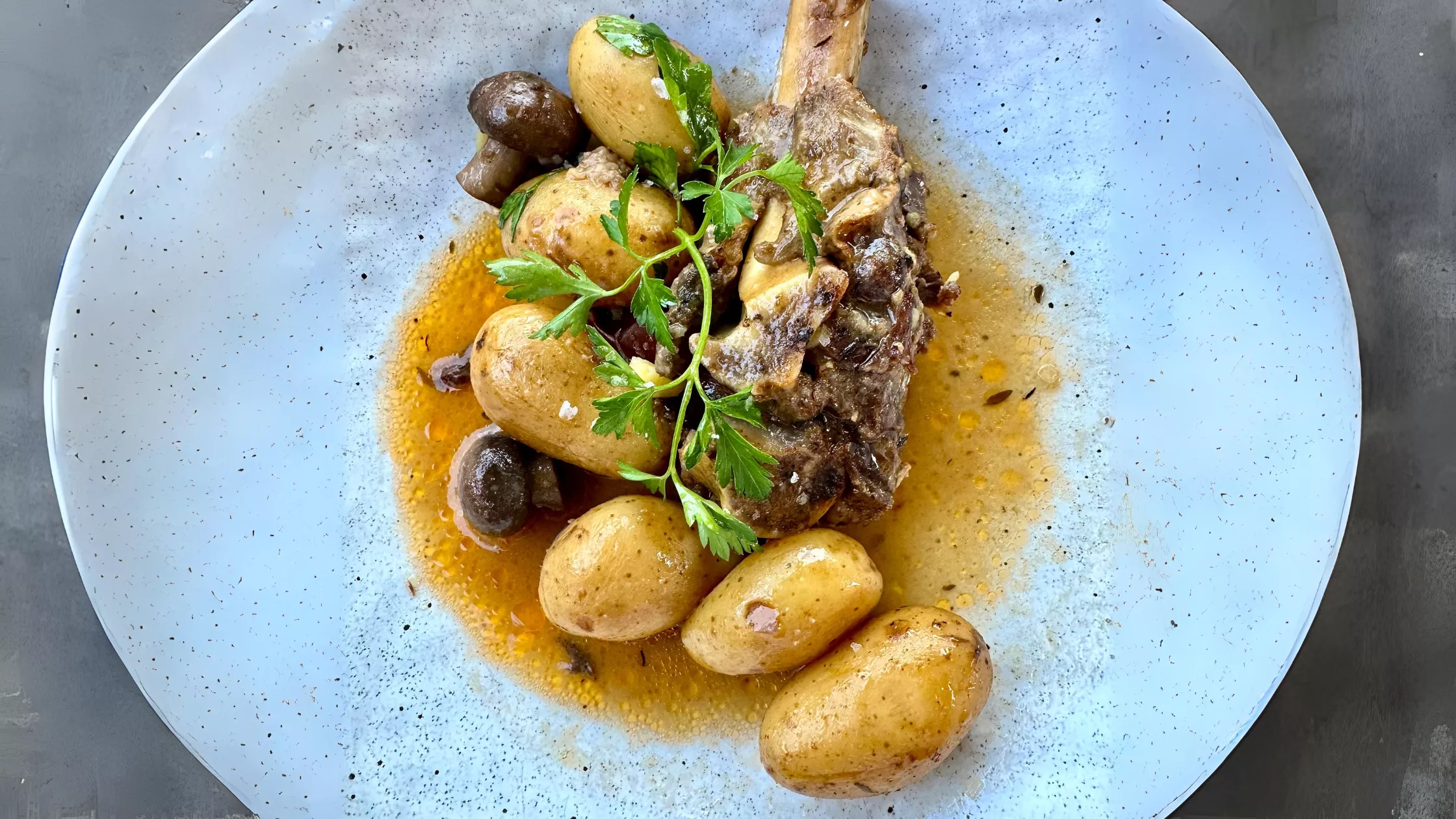 A plate of Little Fingerlings™ with beef short ribs.