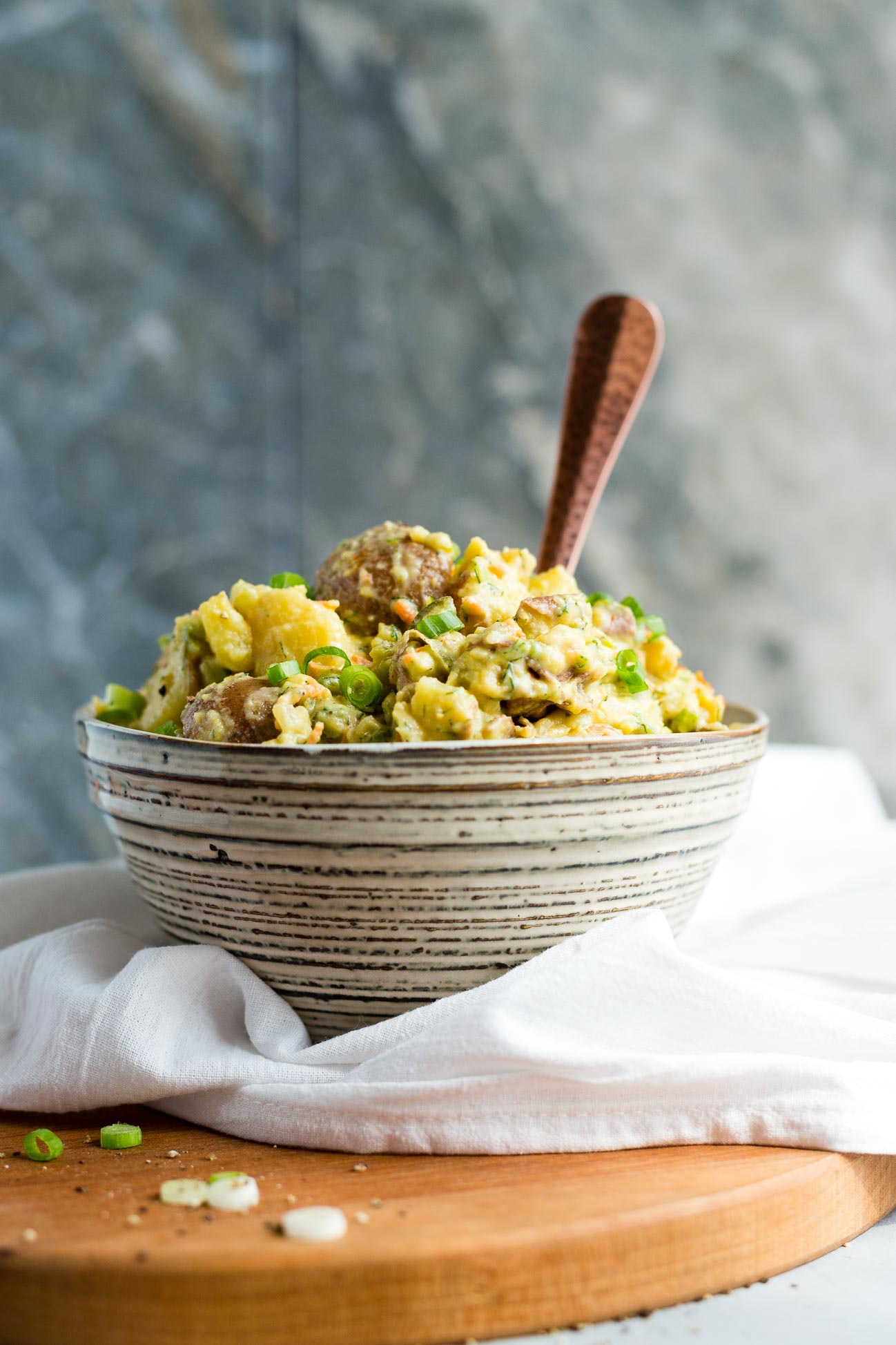 A bowl of mayo free potato salad.