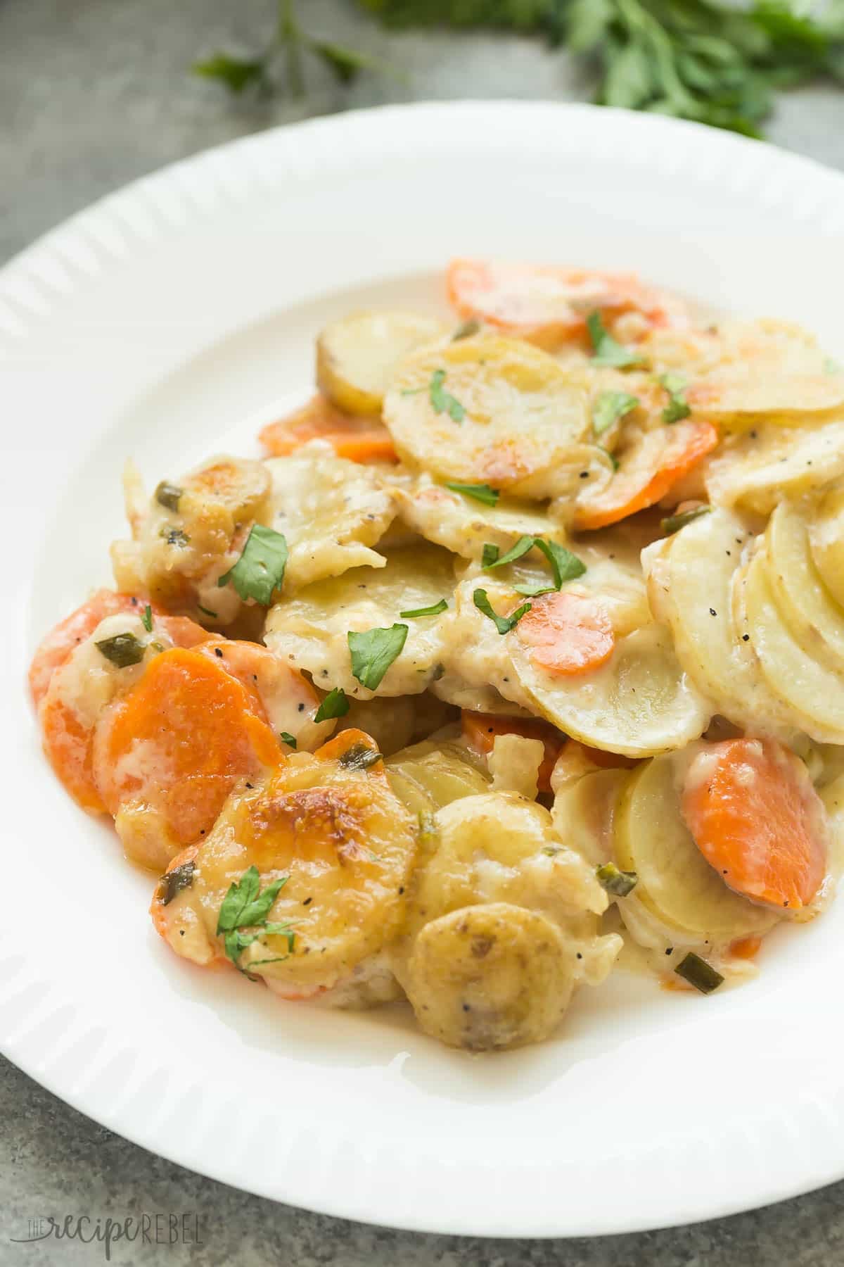 Scalloped potatoes with garlic and Parmesan.