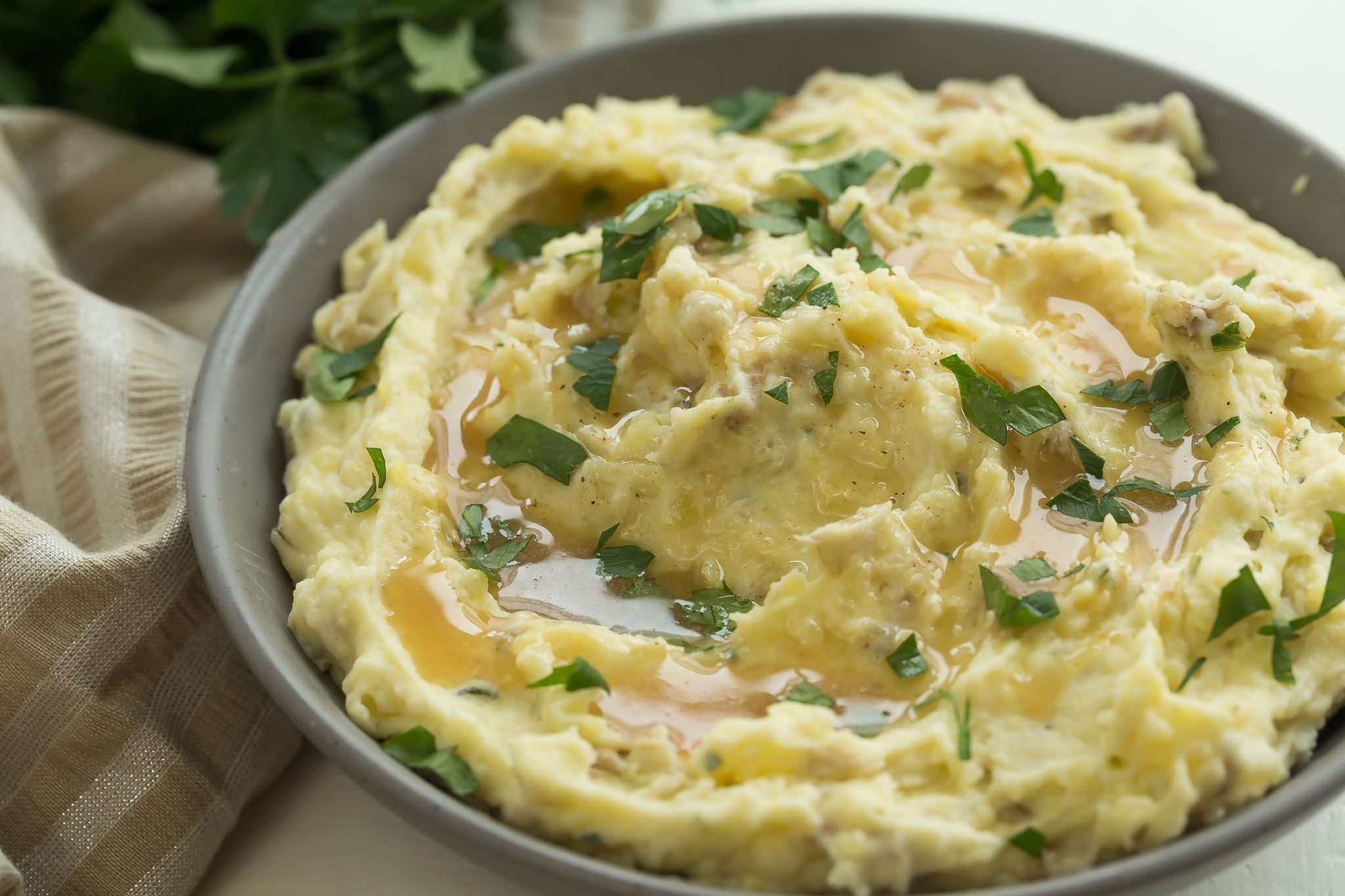 Boursin cheese mashed potatoes in a bowl.