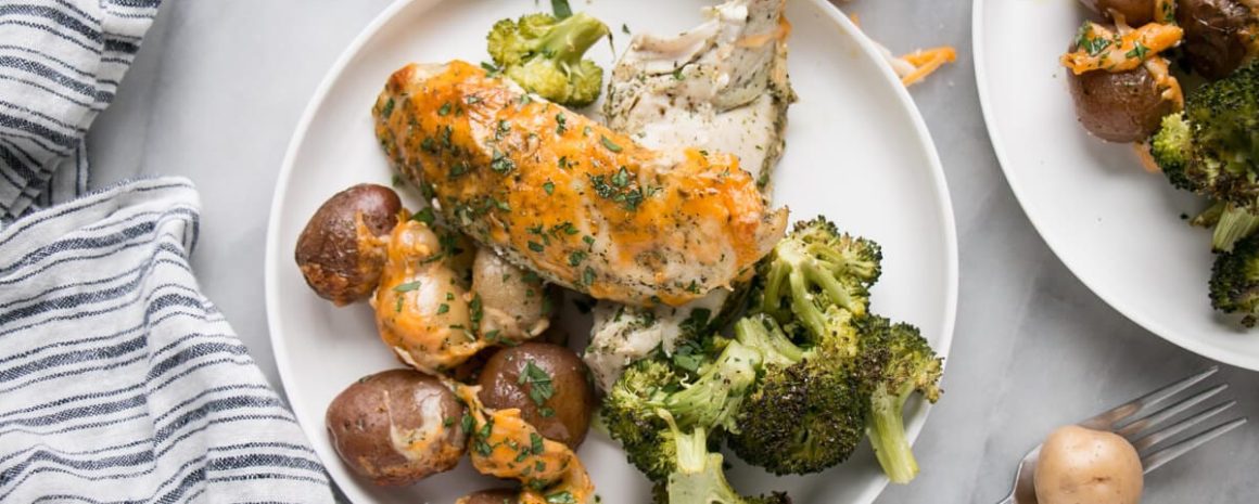 Cheesy chicken and potatoes with broccoli on a plate.