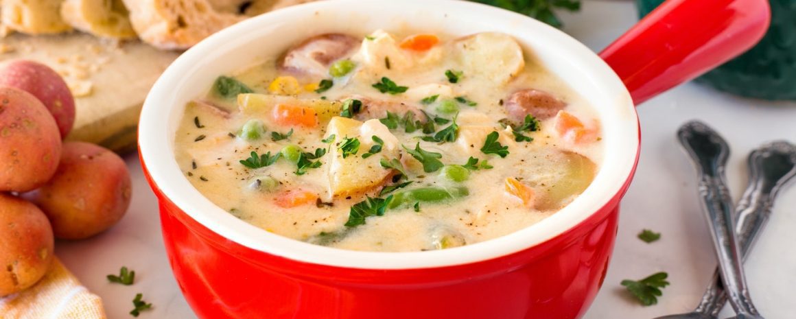 A delicious comfy bowl of chicken and potato soup.