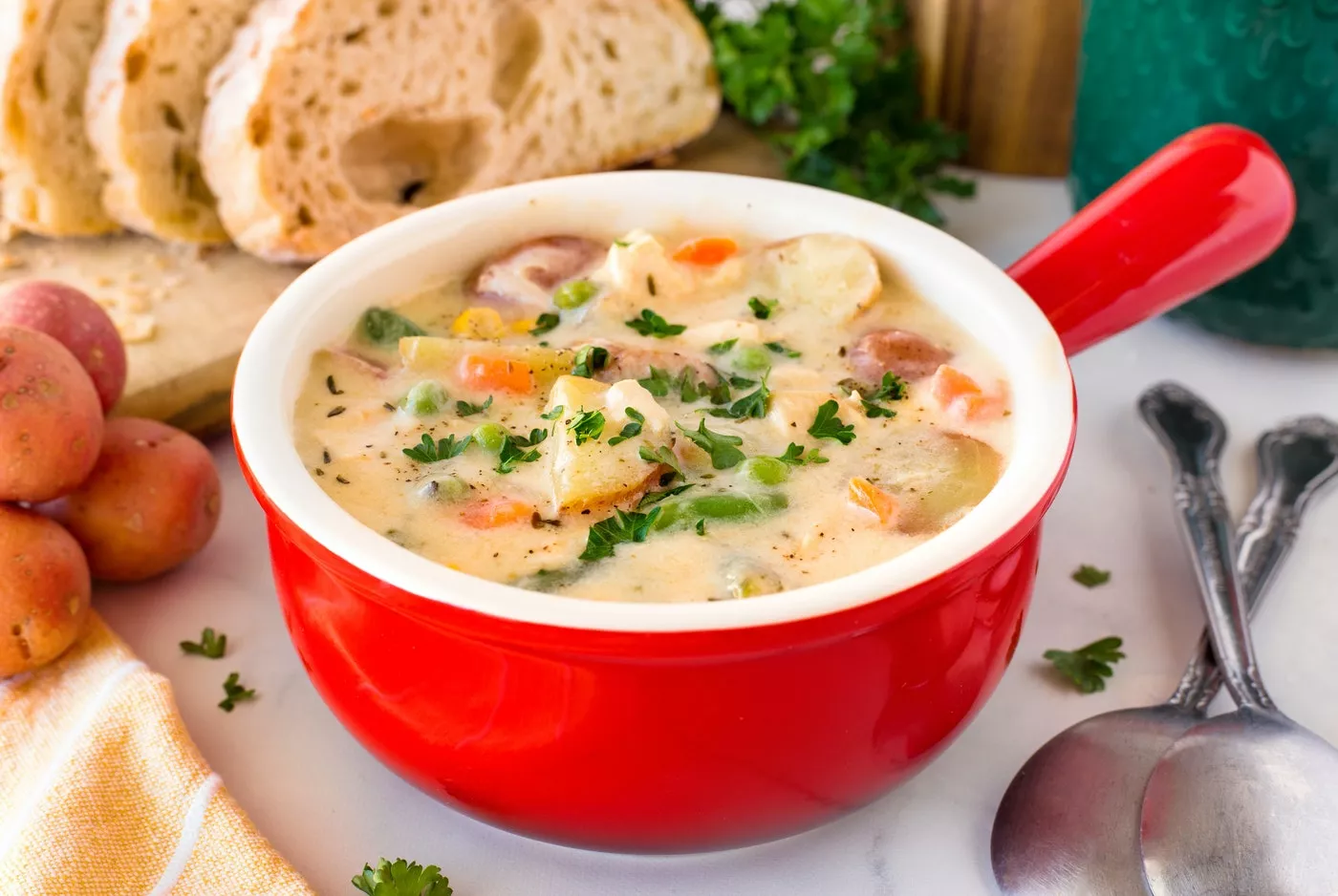 A delicious comfy bowl of chicken and potato soup.