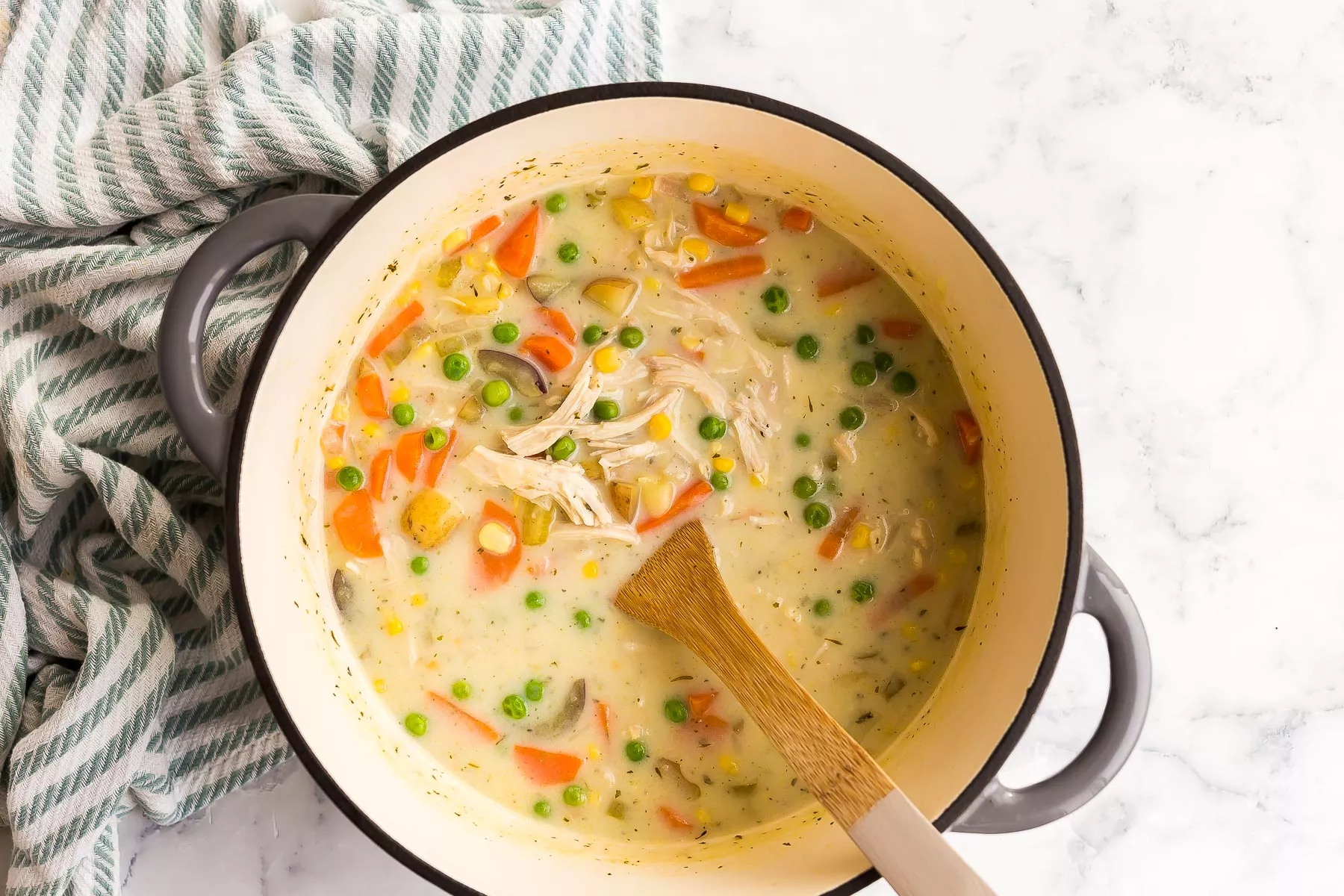 A bowl of chicken pot pie soup