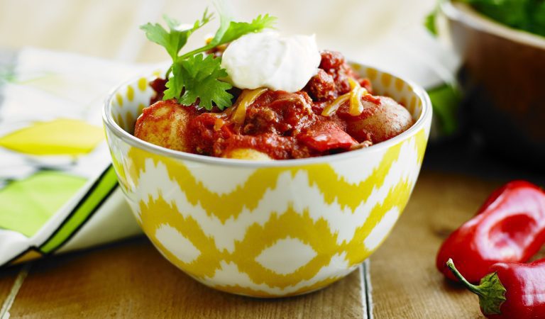 A delicious bowl of chili made with Little Potatoes.