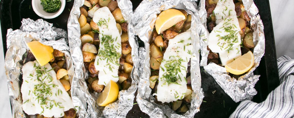 Cod, chorizo, and potato foil packets