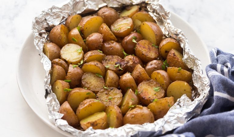 A foil pack filled with crispy on the outside, creamy on the inside delicious Little Potatoes