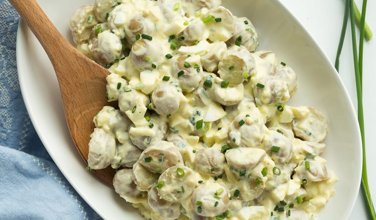 Greek yogurt potato salad in a bowl.
