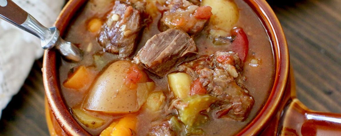 A bowl of Instant Pot Beef Stew.