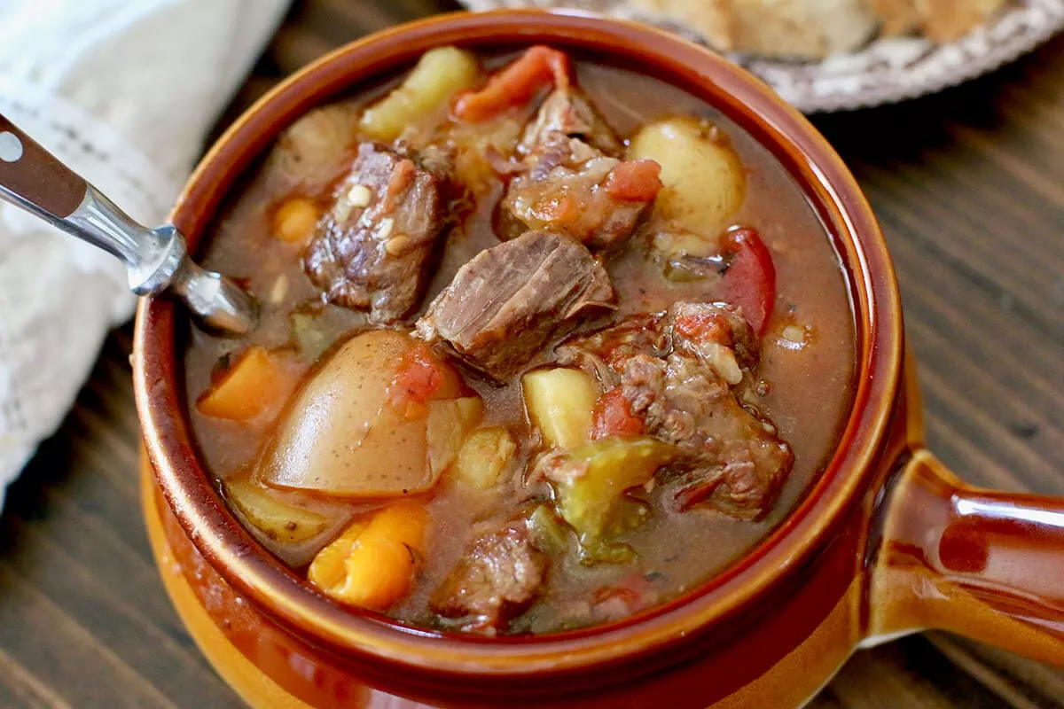 A bowl of Instant Pot Beef Stew.