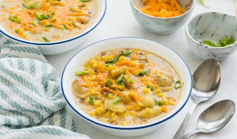 Bowls of Instant Pot Corn Chowder.