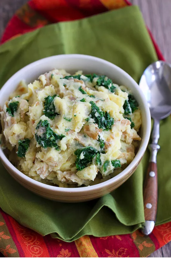 Mashed potatoes with kale and goat cheese.