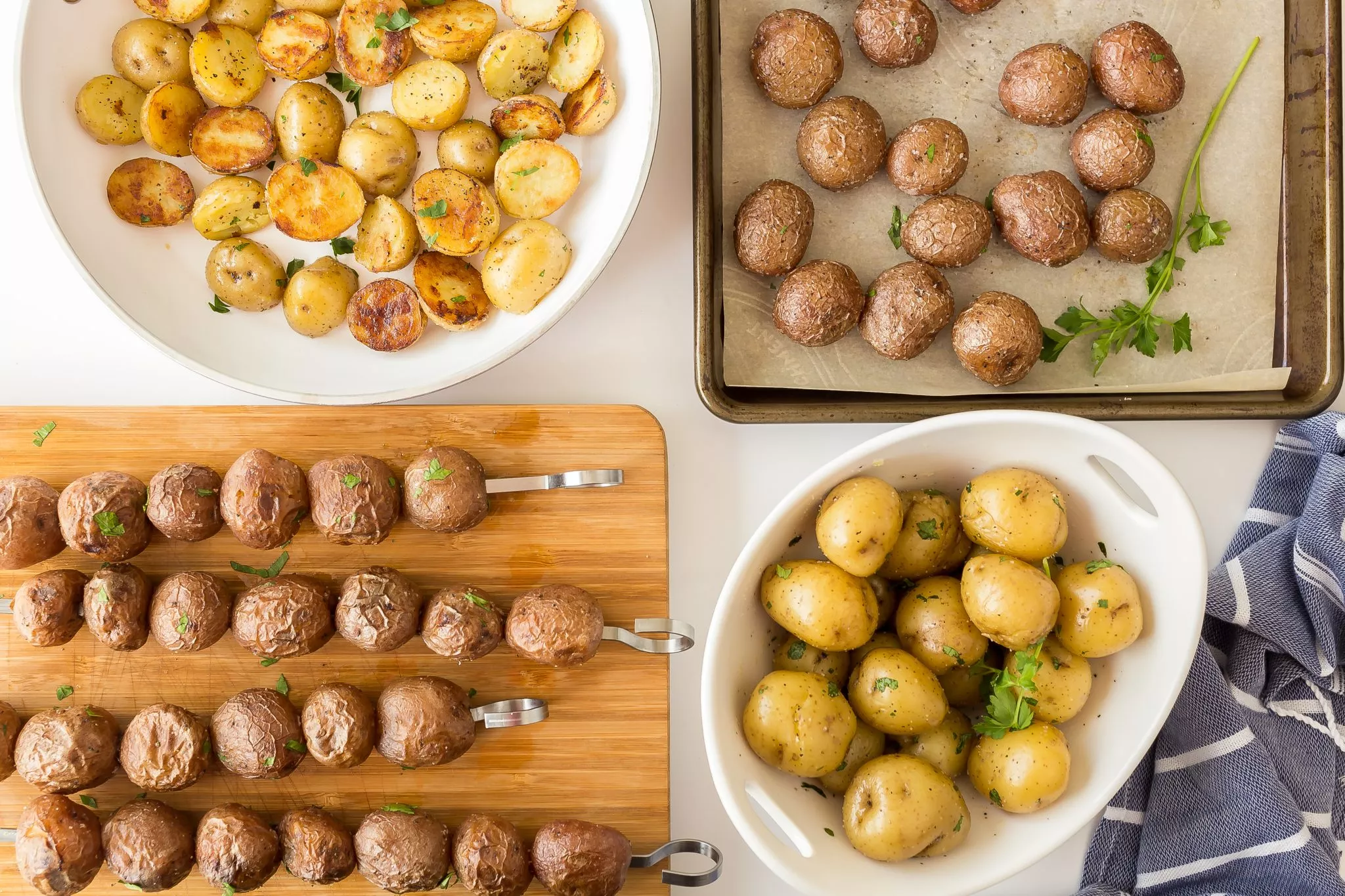 Little Potatoes in four different cooking methods: boiled, roasted, grilled, and pan-fried