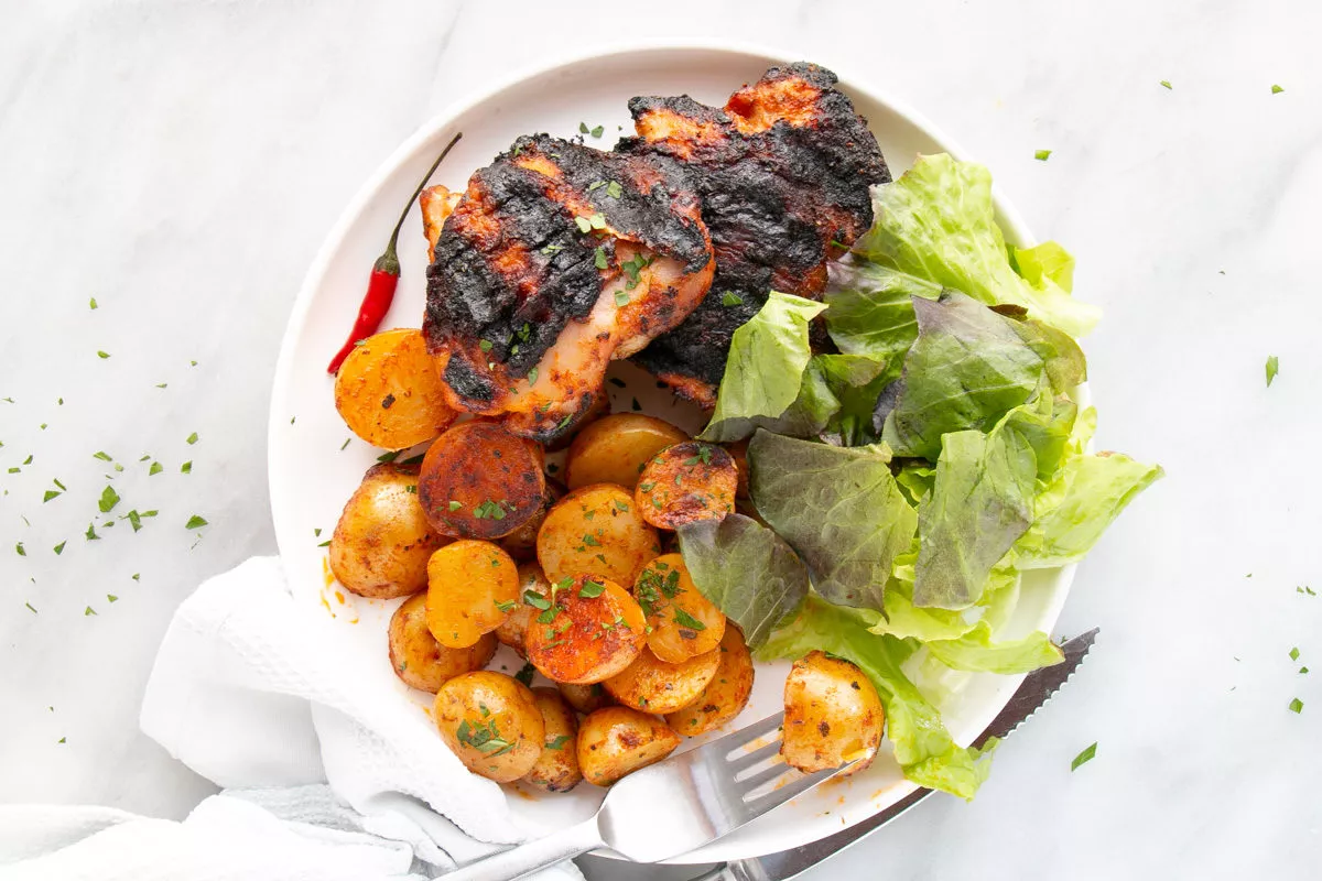 Peri Peri Chicken and Potatoes with a nice dainty side salad. So crisp.