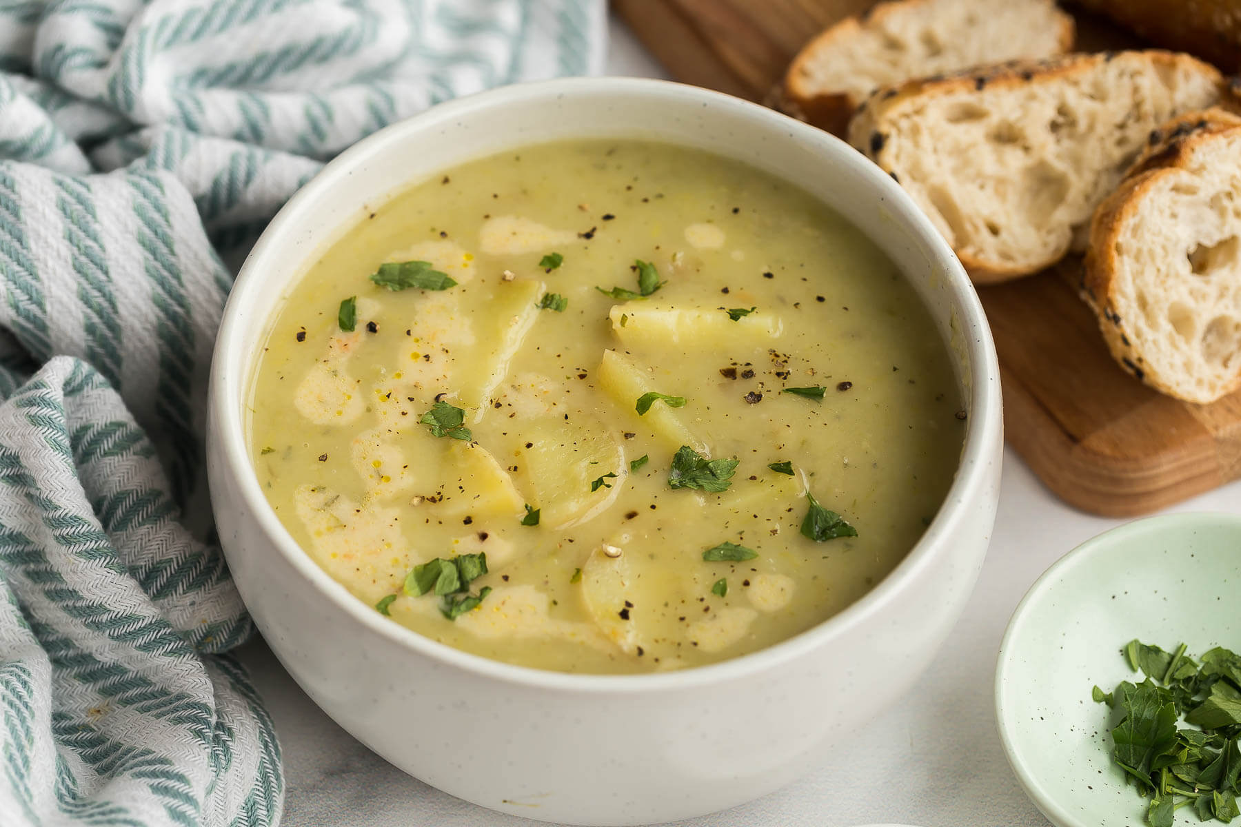A delicious and comfy bowl of potato leek soup.