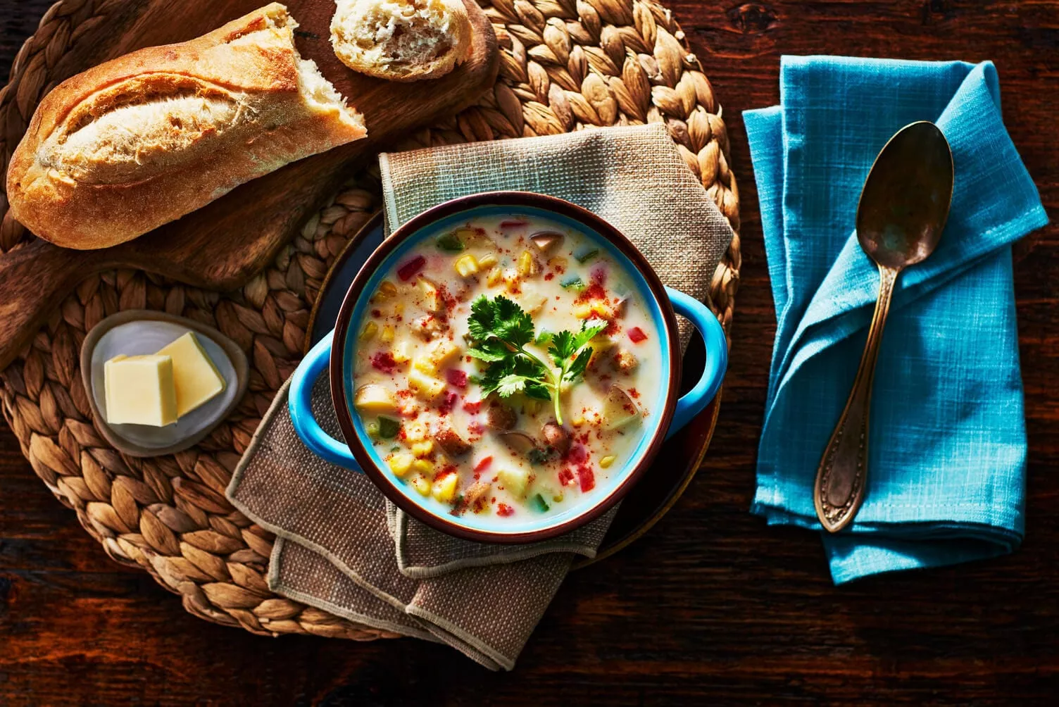 A bowl of potato and corn chowder with some butter and crusty bread nearby.