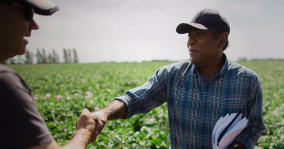 Farmers supporting each other in the field.