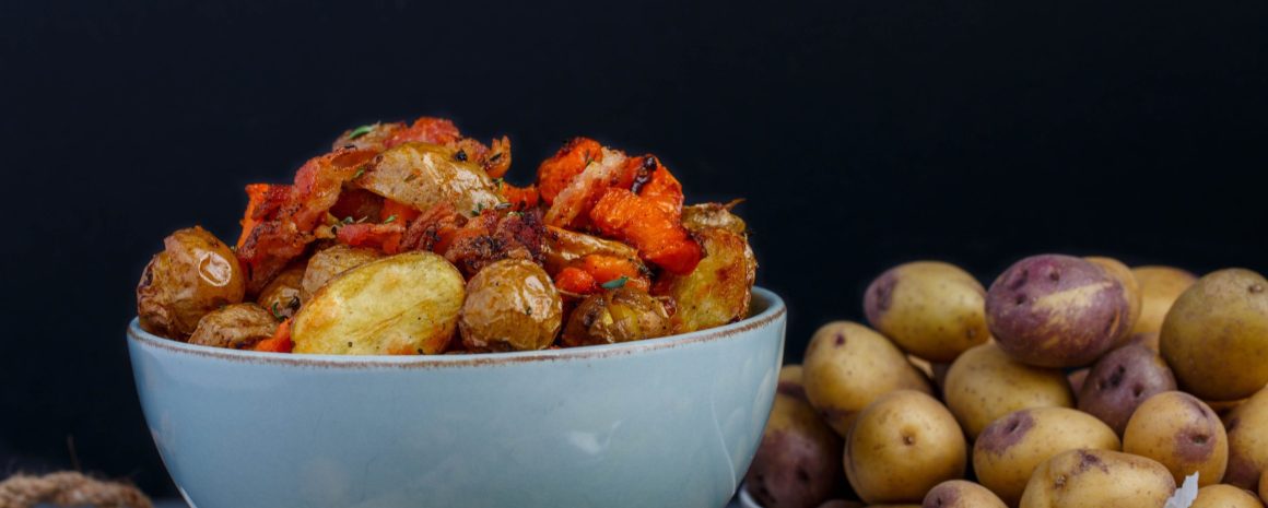 Roasted little potatoes with thyme and bacon.