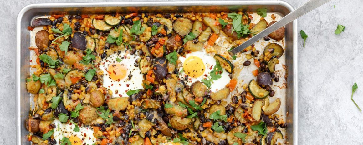 A sheet pan breakfast with potatoes.