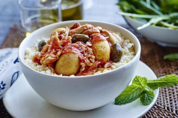 A bowl of slow cooker moroccan tagine.