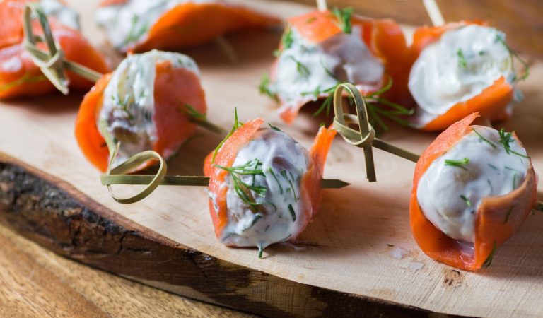 Smoked salmon wrapped dill chive potatoes.