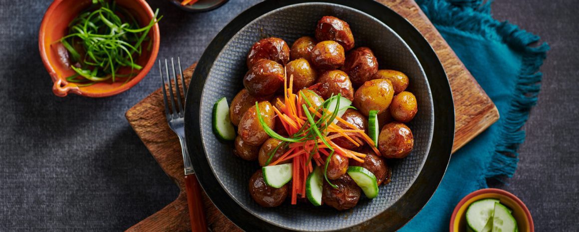 Delicious Little Potatoes made in the Air Fryer with a sweet and spicy sauce.