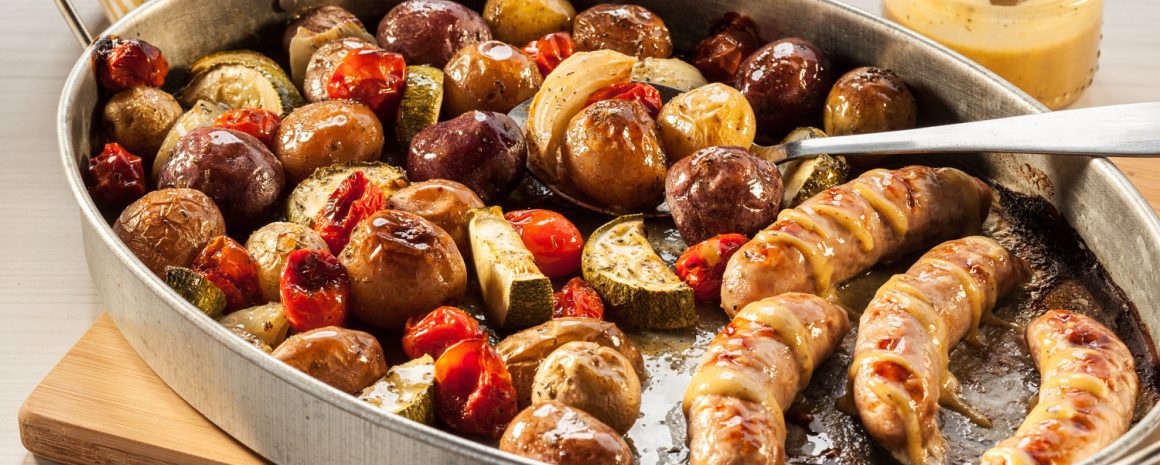 A sheet pan sausage and potato dinner.