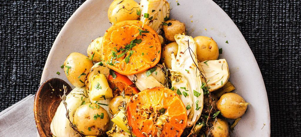 Clementine fennel potato in a serving dish.