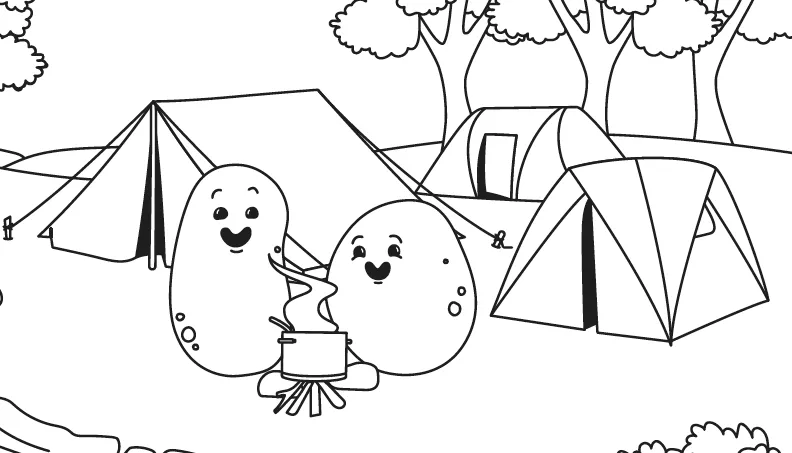 Spuddies on a camping trip colouring page
