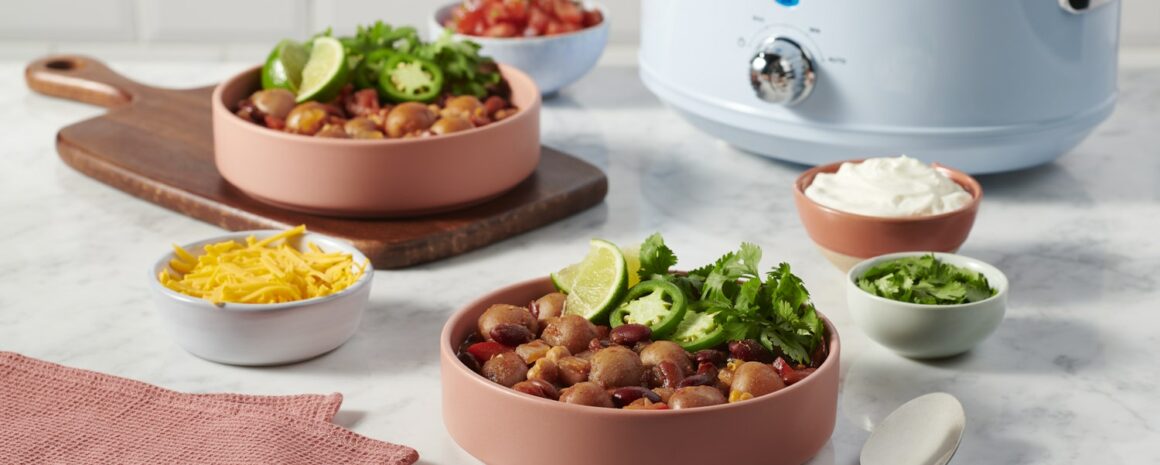 A slow cooker of mini potato chili sin carne.