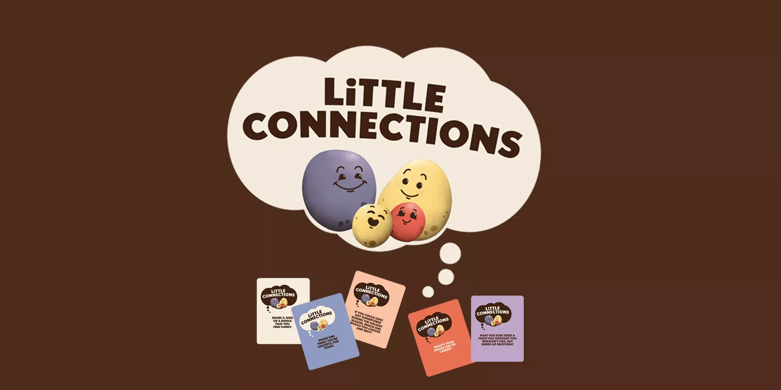 Spuddies with the thought bubble above them saying 'little connections' featuring conversation cards.