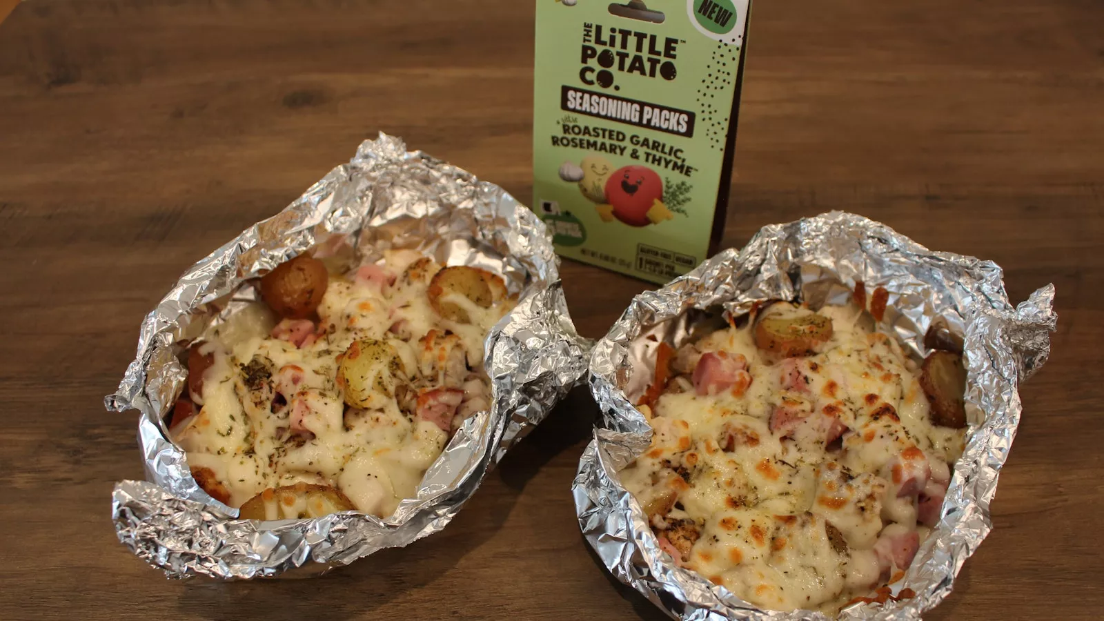 Chicken Cordon Bleu Foil Packs on a table with seasoning packs.