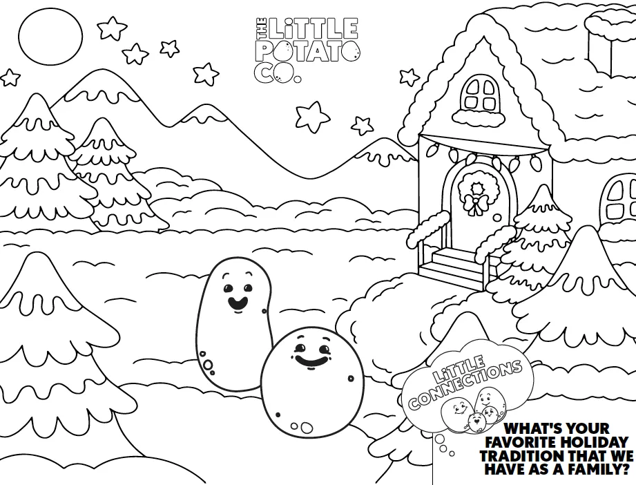 Two Spuddies outside a little festive house in the snow.
