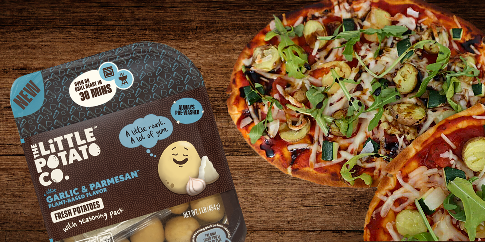 Some garlic parmesan personal pizzas on naan bread against a wood backdrop and next to a package of our A Little Garlic & Parmesan™ Oven or Grill Ready Little Potatoes.