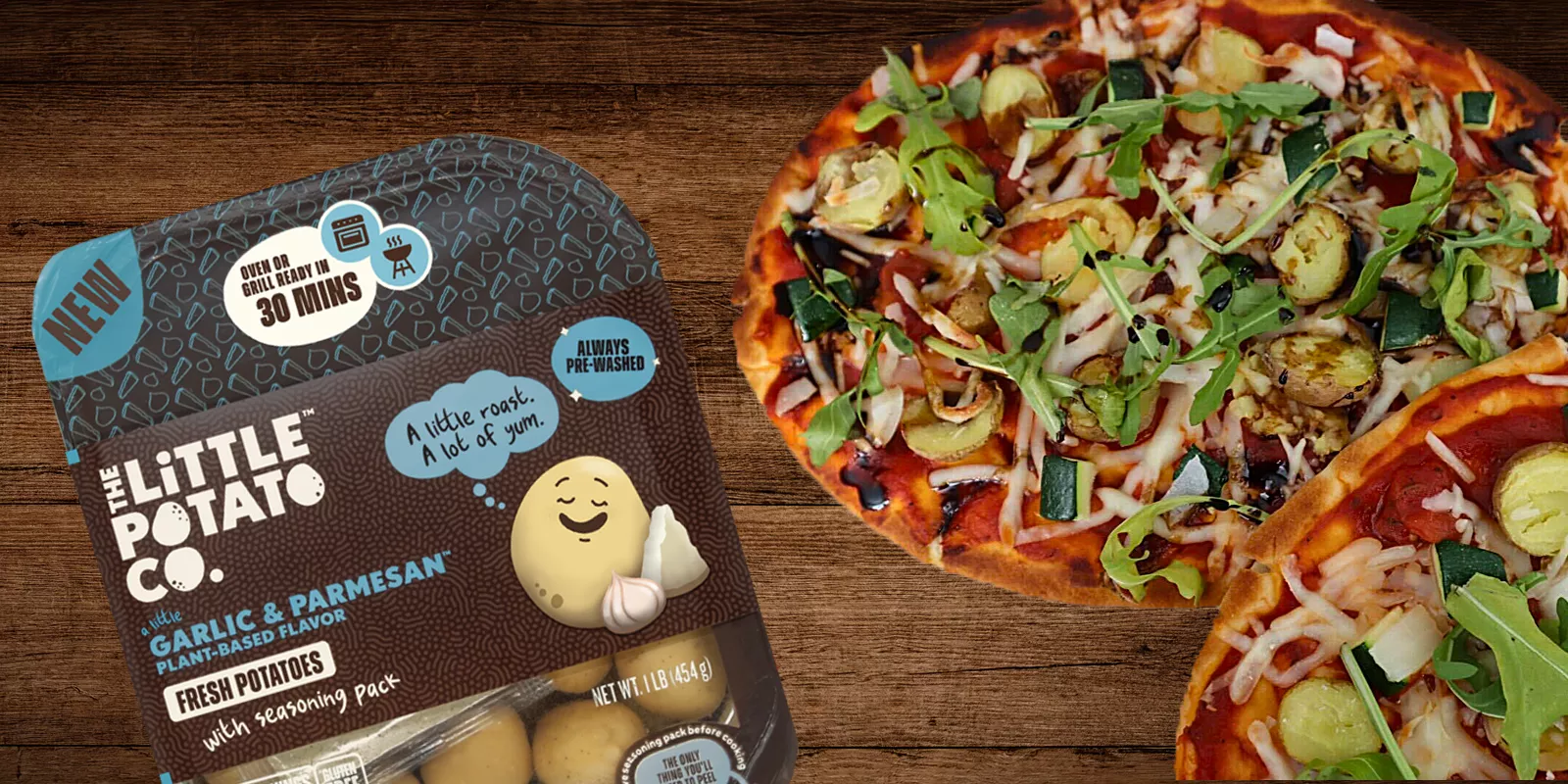 Garlic Parmesan Personal Potato Pizzas Some garlic parmesan personal pizzas on naan bread against a wood backdrop and next to a package of our A Little Garlic & Parmesan™ Oven or Grill Ready Little Potatoes.