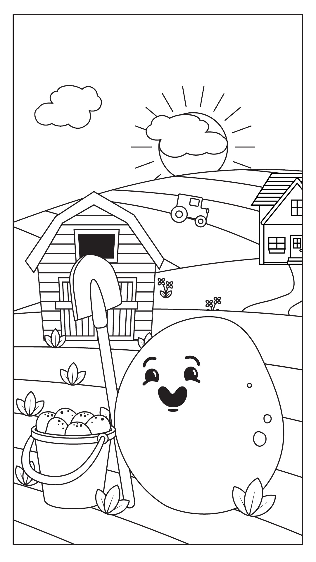 A coloring page featuring a farm scene with a Spuddie ready with a shovel.