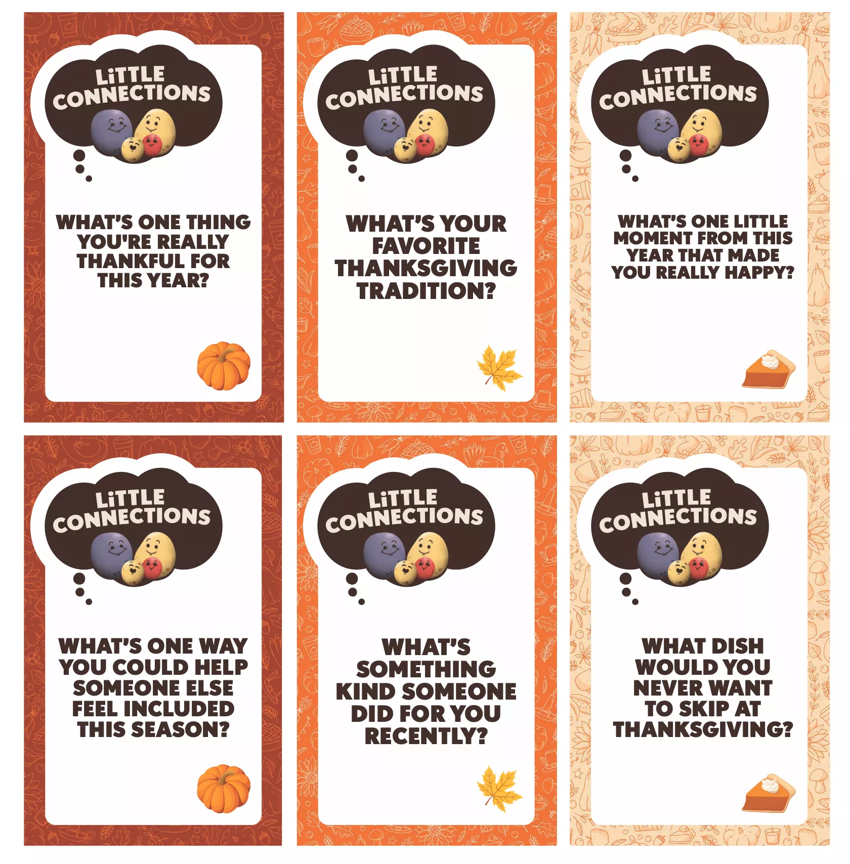 A collection of Thanksgiving themed conversation cards.