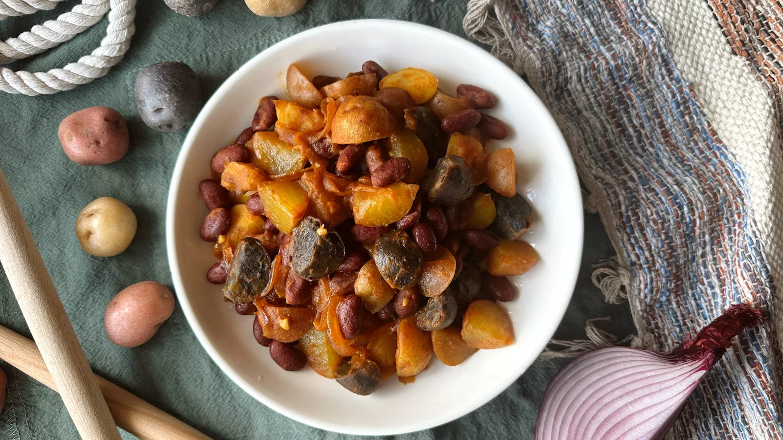 A bowl of East African red bean stew, called Imvange.