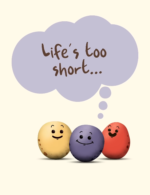 Three smiling potato characters with a text bubble above them that says 