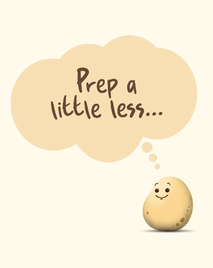 A smiling yellow potato character with a speech bubble above that says 