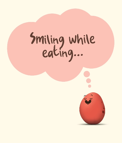 A smiling red potato character with a speech bubble above that reads 