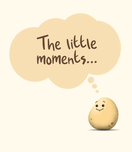 A smiling yellow potato character with a speech bubble above that reads 