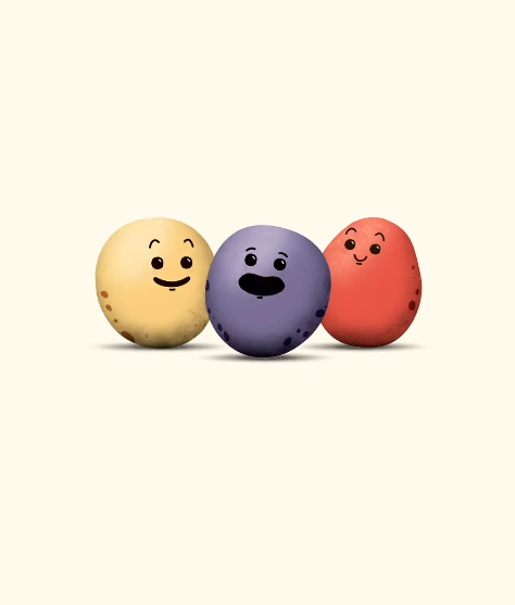 Three smiling potato characters sit next to each other.