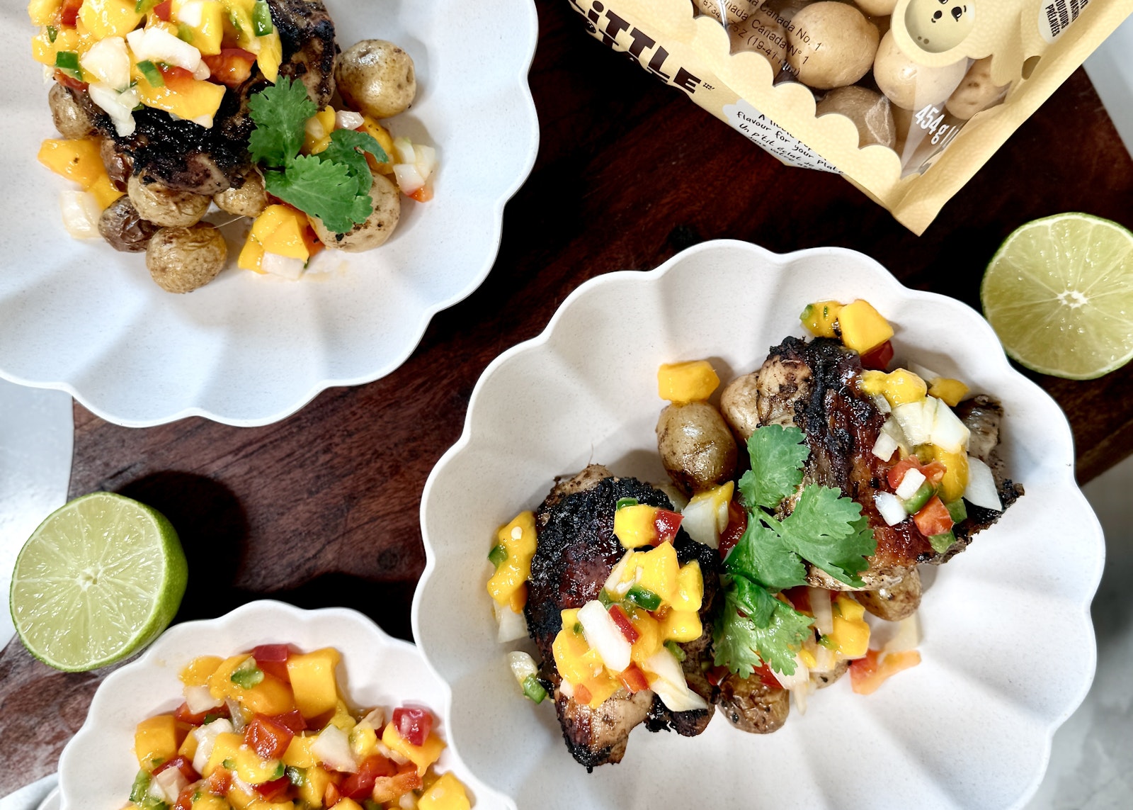 A meal of air fryer jerk chicken and Little Potatoes made with delicious Little Minis™.