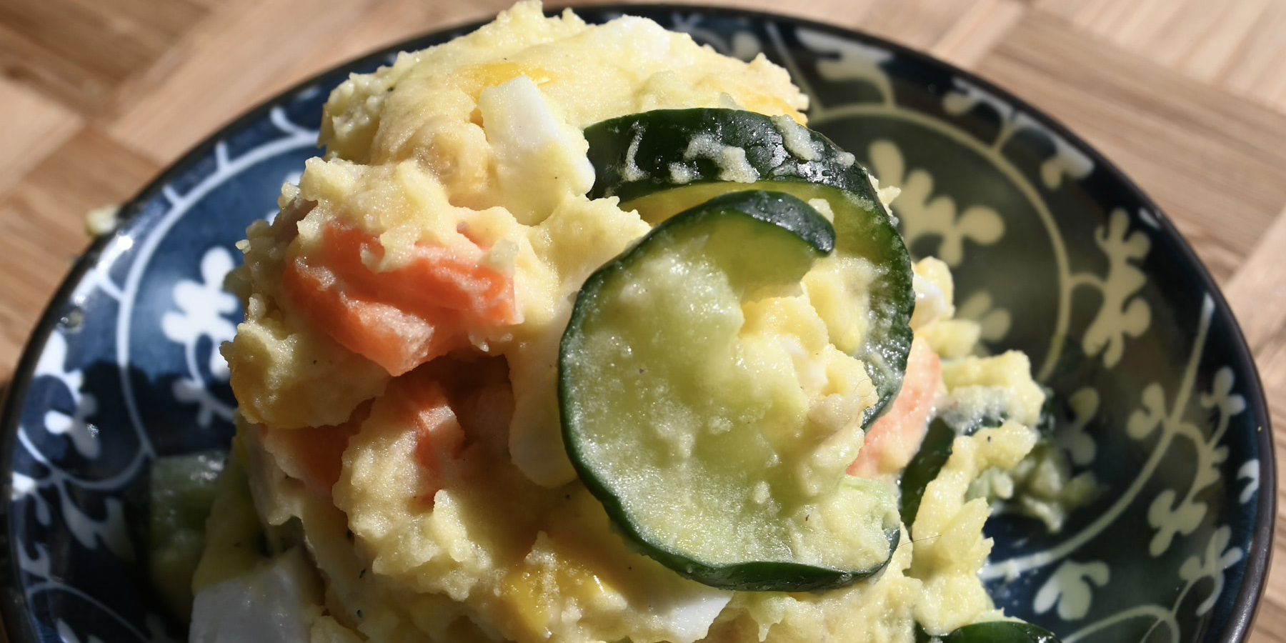 A small bowl of a delicious Japanese potato salad, also called potesara.